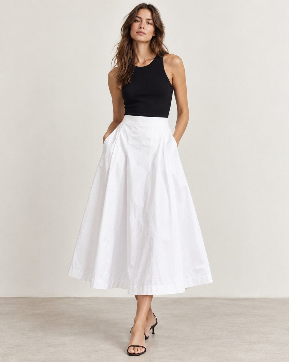 NWT ZARA Women’s White Cotton Midi Skirt Size Medium A-Line Full